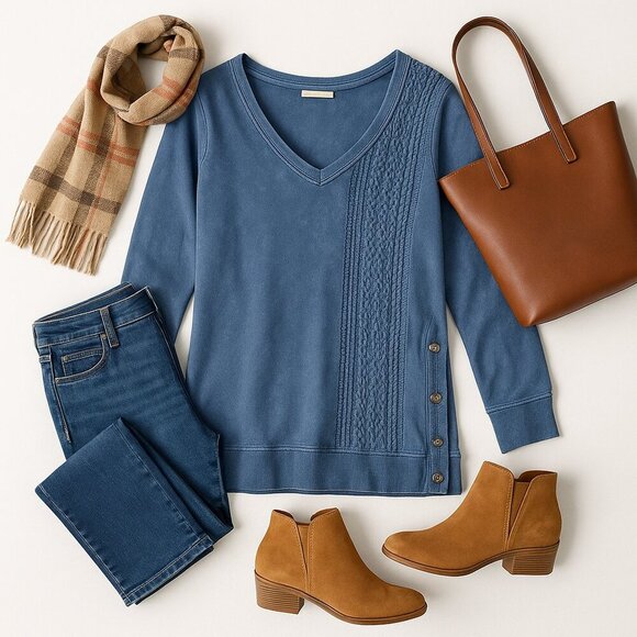 Natural Reflections Acid-Wash Knit Sweatshirt Sz M Cable Panel Side Buttons - Picture 2 of 9